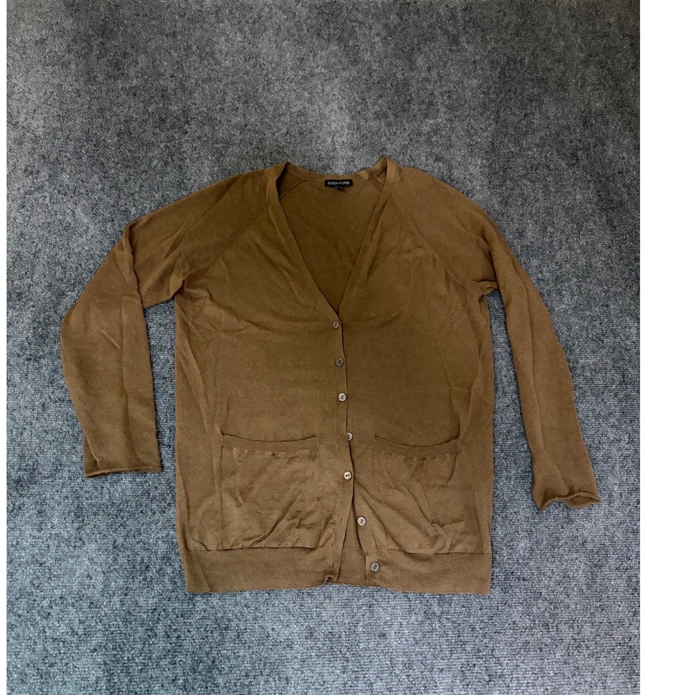 Eileen Fisher Brown Organic‎ Linen Cotton V-Neck Button Front Cardigan XXS